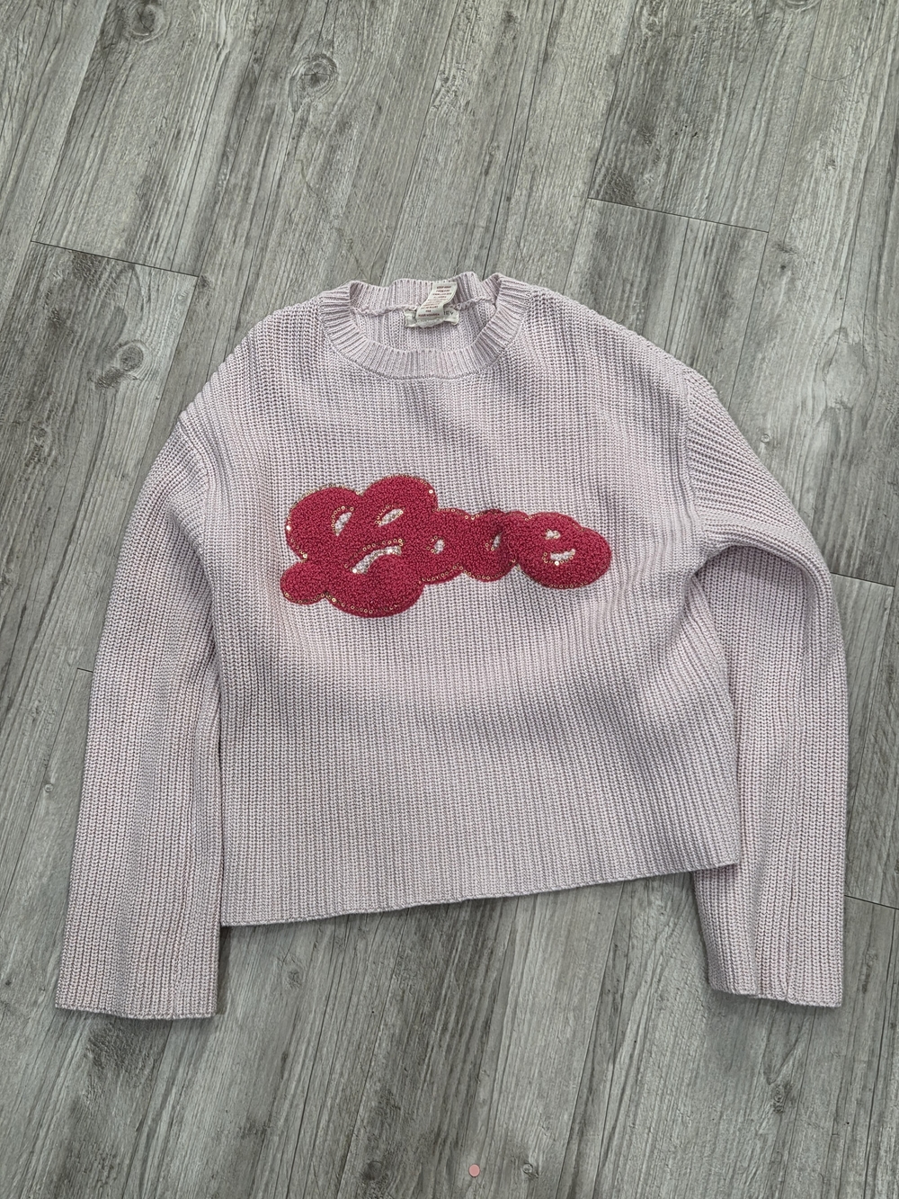 Kids Light Pink Crewneck Sweater with Fuchsia 'Love' Applique